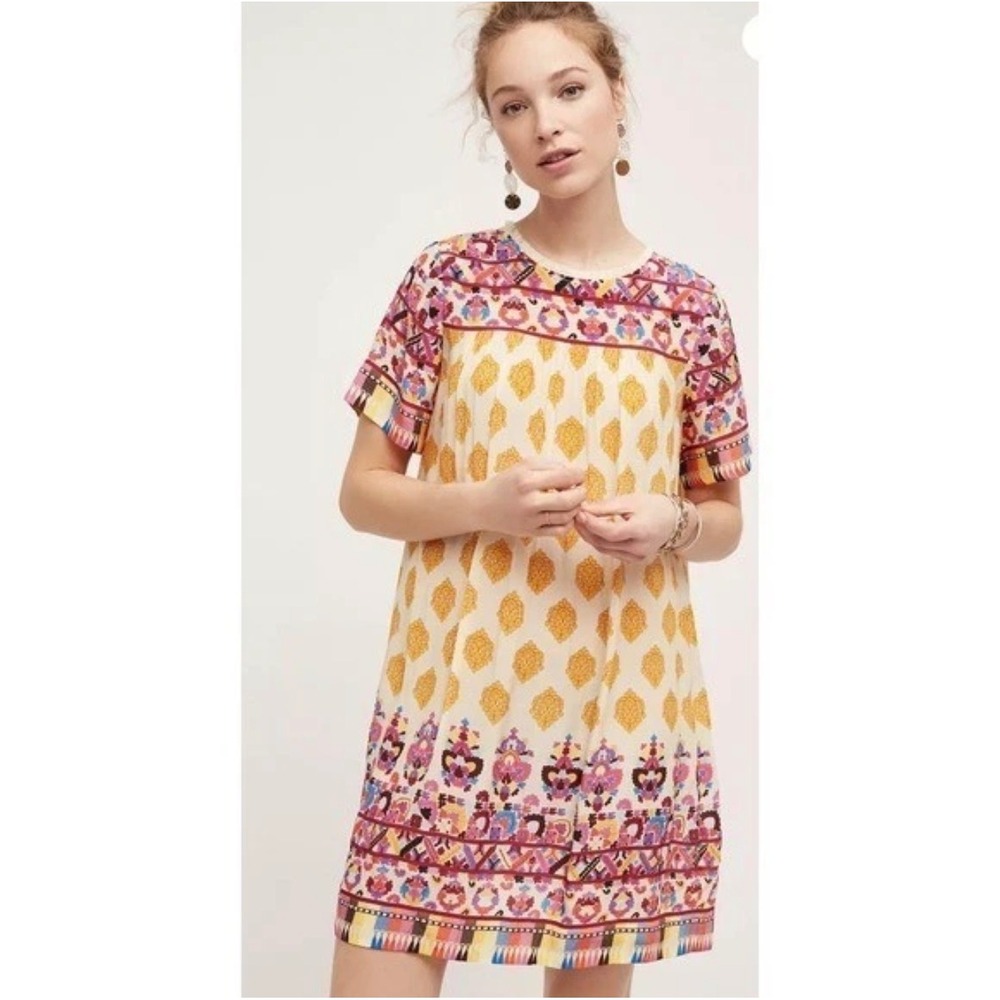 Tanvi Kedia Anthropologie Caltha Swing Dress‎ - Yellow & Red Beaded Boho Print